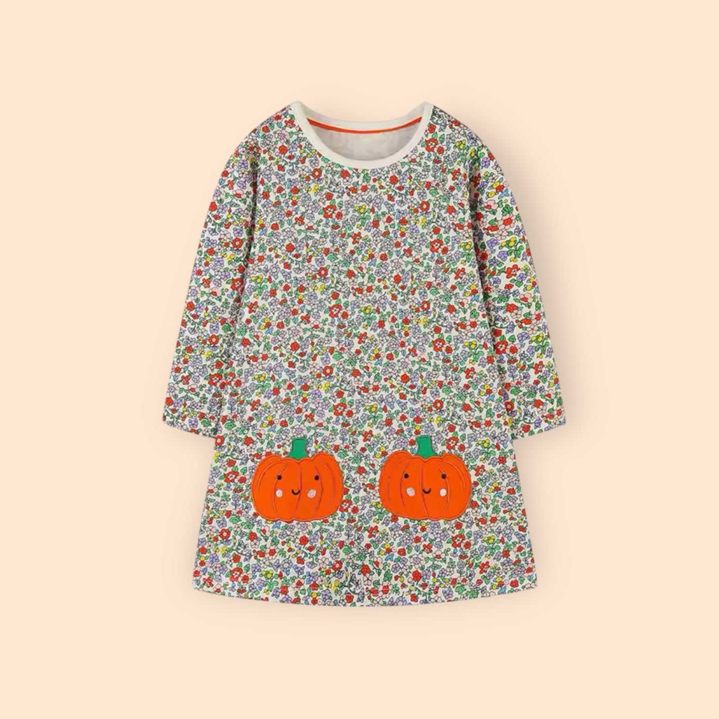 Girls Floral Print Pumpkin Applique Dress