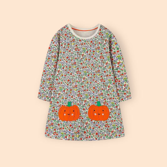 Girls Floral Print Pumpkin Applique Dress