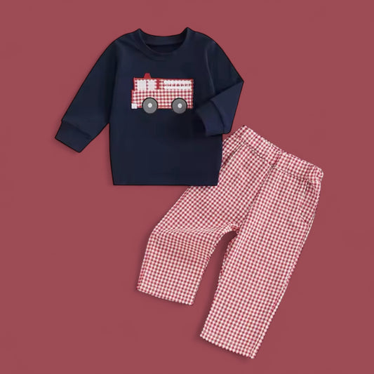 Boys Two Piece Firetruck Applique Pants set