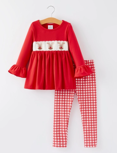 Christmas Smocking Embroidery Girls Plaid Outfit Set