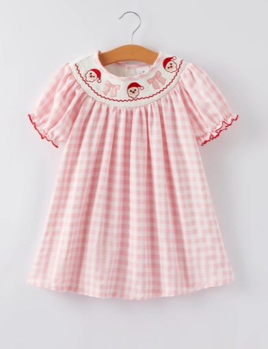 Christmas Santa Embroidered Plaid Girls Dress