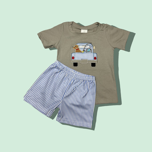 Boys Two Piece Gone Fishing Applique Shorts Set