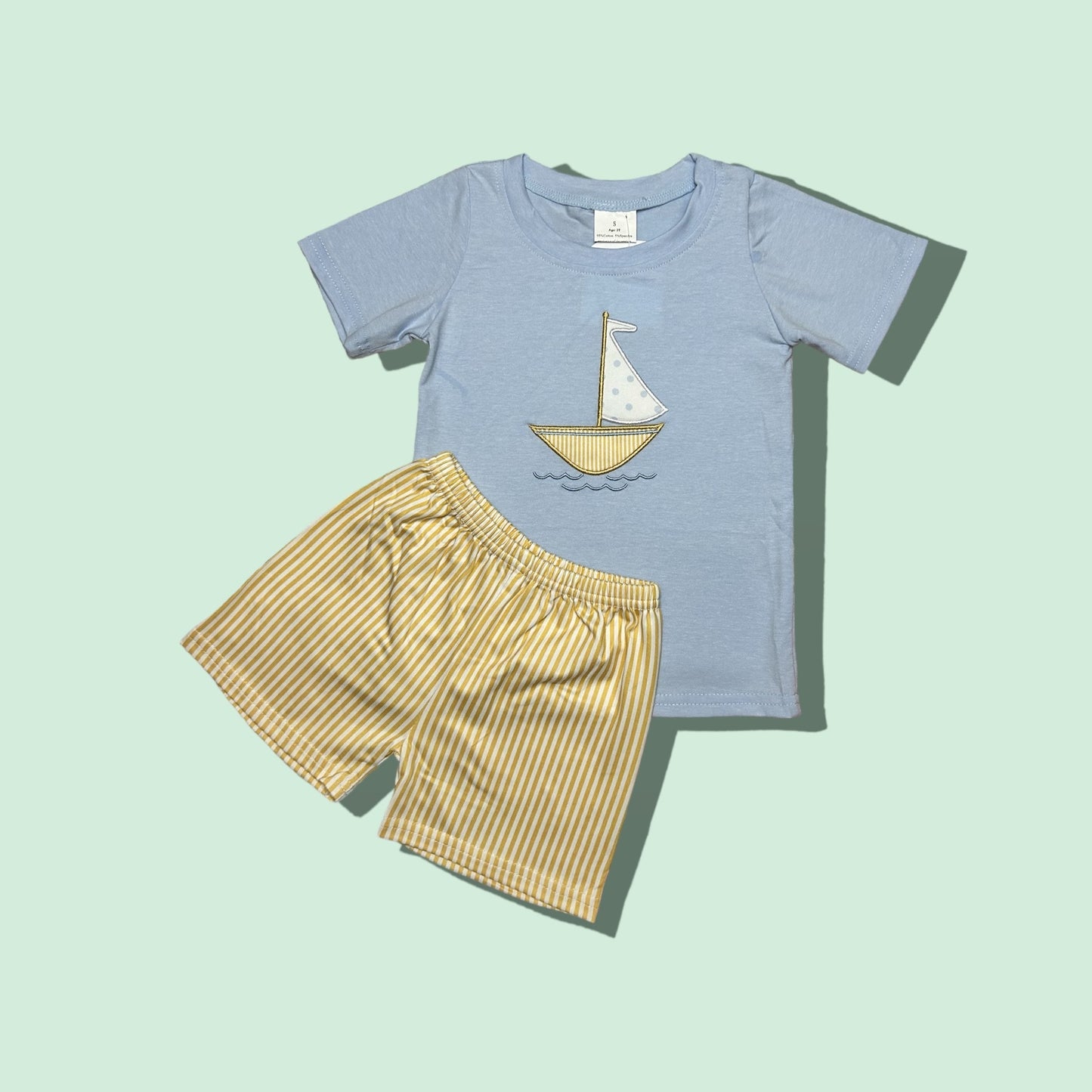 Boys Two Piece Sailboat Applique Shorts Set